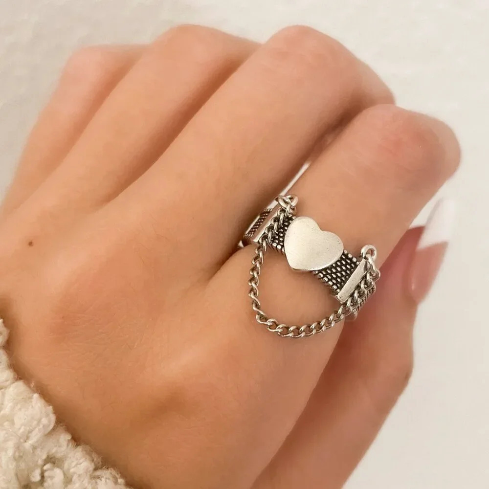 925 Sterling Silver Heart Ring Dangle Chain Ring Modern Ring Band